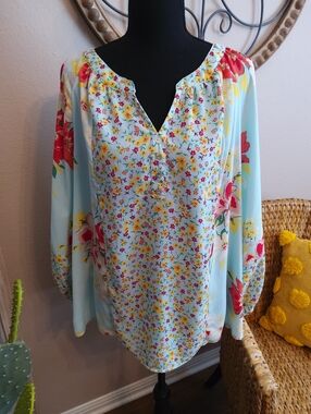 Zac & Rachel Pastel Blue Floral V-Neck Blouse